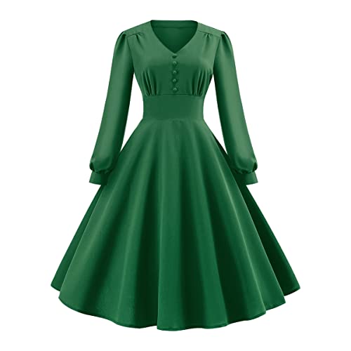 Abendkleider Elegant für Hochzeit Rockabilly Kleider Damen 50er Jahre Vintage Langarm Coctailkleid Petticoat Kleid Festlich Hochzeitsgäste Partykleid Abschlusskleid Herbst Winterkleid Dunkelgrün#1 XXL von Odizli