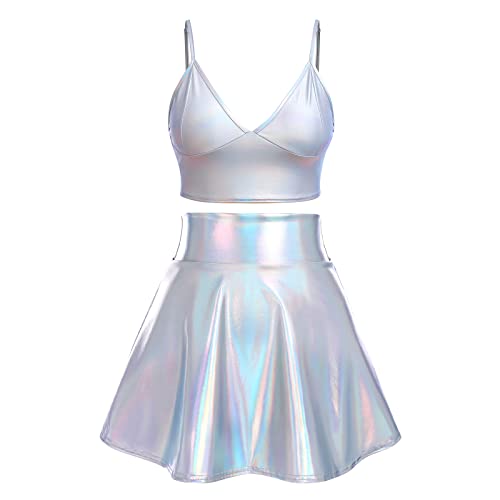 Alien Kostüm Damen Frauen Sexy Metallic Glitzer Bauchtanz Oberteil Crop Top+Faltenrock Mini Skater Röcke Kawaii 90er Jahre Burning Halloween Karneval Party Festival Rave Outfit Laser Silber #B XXL von Odizli