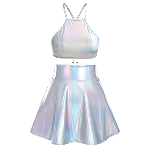 Alien Kostüm Damen Frauen Sexy Metallic Glitzer Bauchtanz Oberteil Crop Top+Faltenrock Mini Skater Röcke Kawaii 90er Jahre Burning Halloween Karneval Party Festival Rave Outfit Laser Silber #D L von Odizli