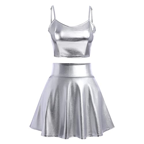 Alien Kostüm Damen Sexy Spaghettiträger Metallic Glitzer Oberteil Crop Top+Faltenrock Mini Skater Röcke Kawaii 90er Jahre Burning Halloween Karneval Party Festival Rave Outfit Silber #E XL von Odizli