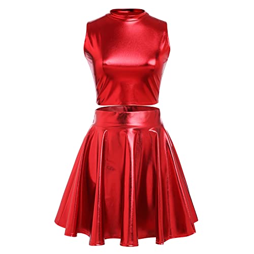 Alien Kostüm Damen Silber Frauen Hoher Kragen Metallic Glitzer Oberteil Crop Top+Faltenrock Mini Skater Röcke Kawaii 90er Jahre Burning Halloween Karneval Party Festival Rave Outfit Rot L von Odizli