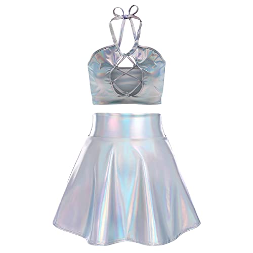 Alien Kostüm Damen Silber Frauen Sexy Metallic Glitzer Oberteil Crop Top+Faltenrock Mini Skater Röcke Kawaii 90er Jahre Burning Halloween Karneval Party Festival Rave Outfit Laser Silber-Aushöhlen M von Odizli