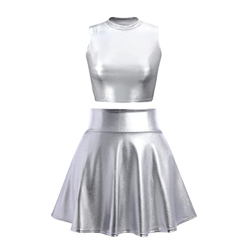 Alien Kostüm Damen Silber Frauen Sexy Metallic Glitzer Oberteil Crop Top+Faltenrock Mini Skater Röcke Kawaii 90er Jahre Burning Halloween Karneval Party Festival Rave Outfit Silber-Hoher Kragen S von Odizli