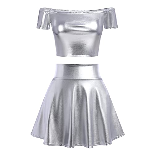 Alien Kostüm Damen Silber Frauen Sexy Metallic Glitzer Oberteil Crop Top+Faltenrock Mini Skater Röcke Kawaii 90er Jahre Burning Halloween Karneval Party Festival Rave Outfit Silber-Schulterfrei M von Odizli