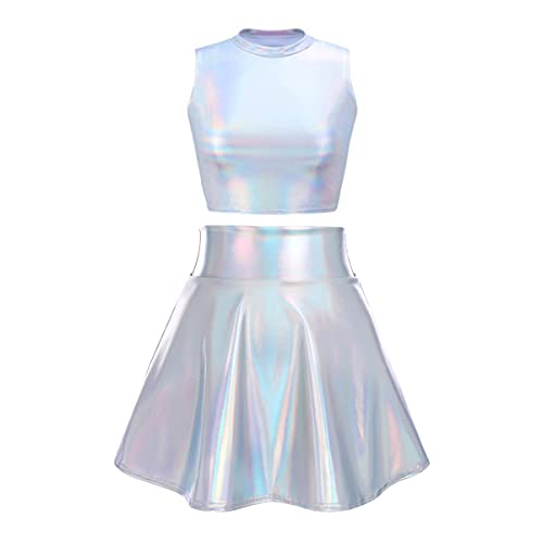 Alien Kostüm Damen Silber Frauen Hoher Kragen Metallic Glitzer Oberteil Crop Top+Faltenrock Mini Skater Röcke Kawaii 90er Jahre Burning Halloween Karneval Party Festival Rave Outfit Laser Silber M von Odizli