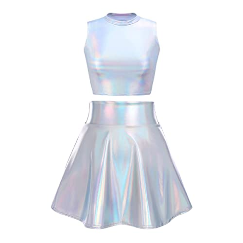 Alien Kostüm Damen Silber Sexy Metallic Glitzer Oberteil Crop Top+Faltenrock Mini Skater Röcke Kawaii 90er Jahre Burning Halloween Karneval Party Festival Rave Outfit Laser Silber-Hoher Kragen S von Odizli