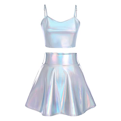 Alien Kostüm Damen Sexy Spaghettiträger Metallic Glitzer Oberteil Crop Top+Faltenrock Mini Skater Röcke Kawaii 90er Jahre Burning Halloween Karneval Party Festival Rave Outfit Laser Silber #E M von Odizli