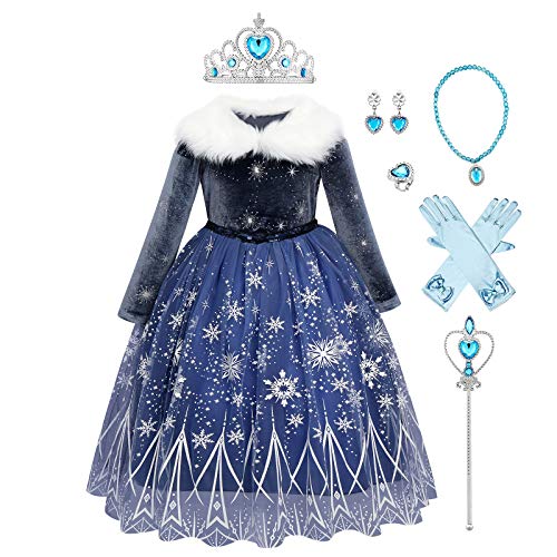 Anna und Elsa Kleid Kinder Mädchen Frozen Eiskönigin 2 Verkleidung Prinzessin Kostüm Halloween Weihnachten Karneval Geburtstag Party Cosplay Schneeflocke Samt Kleid Dunkelblau 01-7PCS 7-8 Jahre von Odizli