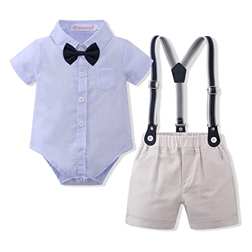 Anzug Baby Jungen Kurzarm Strampler Hemd + Fliege + Hosenträger + Shorts 4tlg Hochzeit Festlich Taufe Babykleidung 1. Geburtstags Outfit Taufkleidung Taufanzug Taufbekleidung Blau + Grau 12-18 Monate von Odizli