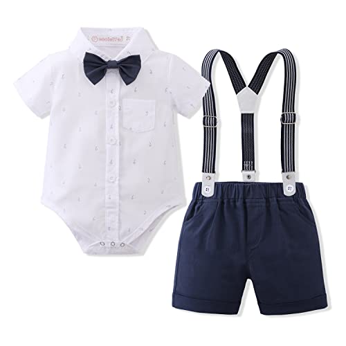 Anzug Baby Jungen Kurzarm Strampler Hemd + Fliege + Hosenträger + Shorts Hochzeit Festlich Taufe Babykleidung 1. Geburtstags Outfit Taufkleidung Taufanzug Taufbekleidung Weiß + Dunkelblau 9-12 Monate von Odizli