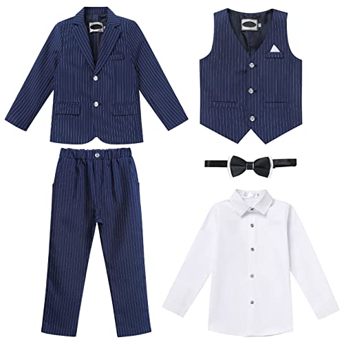 Anzug Kinder Jungen Festlich Hochzeit Einschulung Kleidung Set Gentleman Langarm Hemd + Weste + Blazer Sakkos + Hose + Fliege 5tlg Outfit Geburtstag Kinderanzüge Blau Gestreifter 13-14 Jahre von Odizli