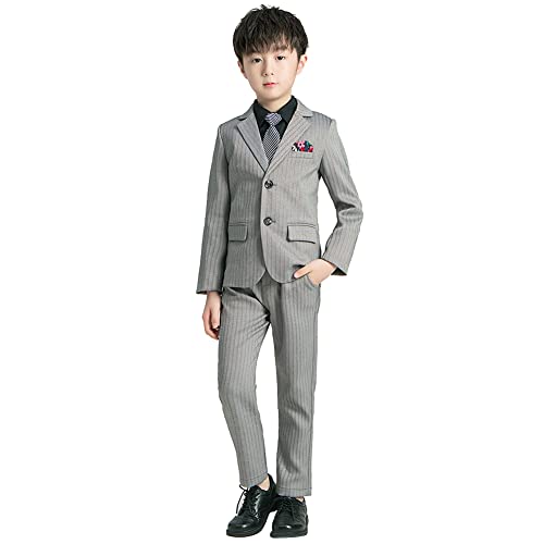 Anzug Kinder Jungen Festlich Hochzeit Einschulung Kleidung Set Gentleman Langarm Hemd + Weste + Blazer Sakkos + Hose + Fliege 5tlg Outfit Geburtstag Taufkleidung Kinderanzüge Grau 13-14 Jahre von Odizli