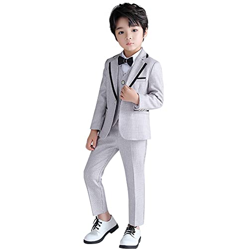 Anzug Kinder Jungen Festlich Hochzeit Einschulung Kleidung Set Gentleman Langarm Hemd + Weste + Blazer Sakkos + Hose + Fliege 5tlg Outfit Geburtstag Taufkleidung Kinderanzüge Hellgrau 5-6 Jahre von Odizli