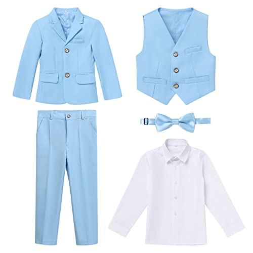 Anzug Kinder Jungen Festlich Hochzeit Einschulung Kleidung Set Gentleman Langarm Hemd + Weste + Blazer Sakkos + Hose + Fliege 5tlg Outfit Geburtstag Taufkleidung Kinderanzüge Himmelblau 11-12 Jahre von Odizli