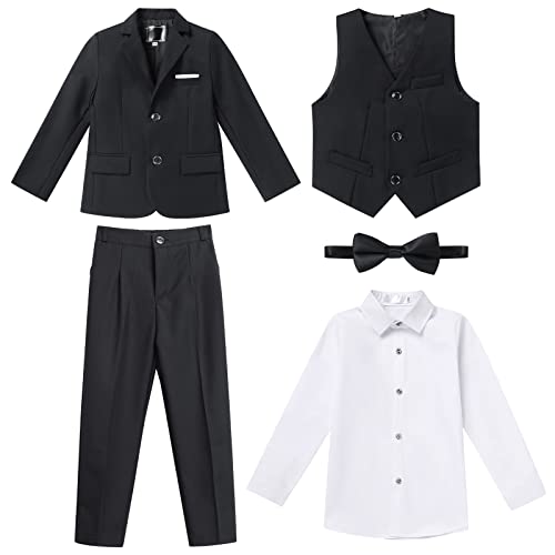 Anzug Kinder Jungen Festlich Hochzeit Einschulung Kleidung Set Gentleman Langarm Hemd + Weste + Blazer Sakkos + Hose + Fliege 5tlg Outfit Geburtstag Taufkleidung Kinderanzüge Schwarz#2 11-12 Jahre von Odizli