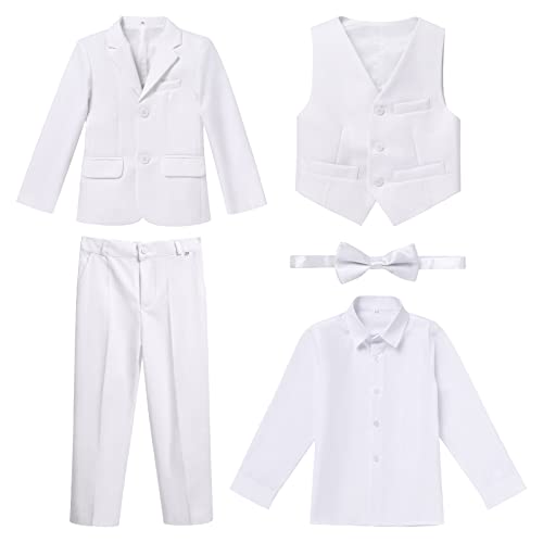 Anzug Kinder Jungen Festlich Hochzeit Einschulung Kleidung Set Gentleman Langarm Hemd + Weste + Blazer Sakkos + Hose + Fliege 5tlg Outfit Geburtstag Taufkleidung Kinderanzüge Weiß 11-12 Jahre von Odizli