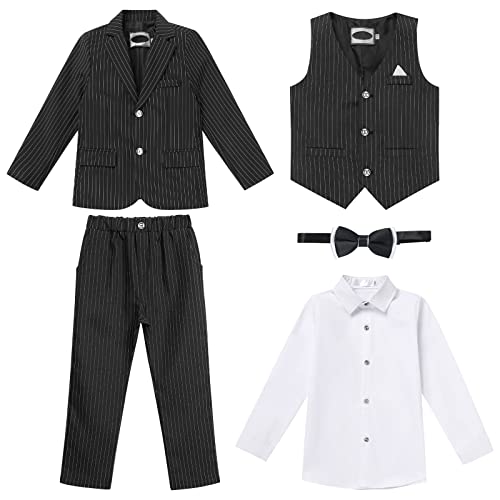 Anzug Kinder Jungen Festlich Hochzeit Einschulung Kleidung Set Langarm Hemd + Weste + Blazer Sakkos + Hose + Fliege 5tlg Outfit Geburtstag Taufkleidung Kinderanzüge Schwarz Gestreifter 11-12 Jahre von Odizli