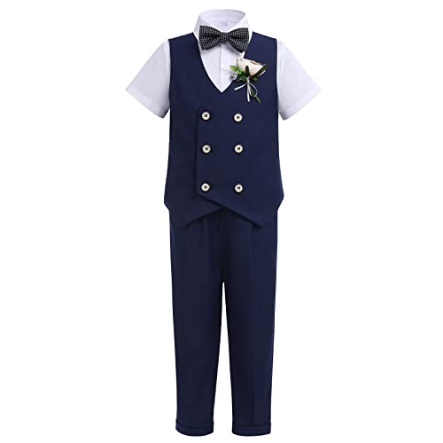 Anzug Kinder Jungen Festlich Hochzeit Kleidung Set Hemd + Weste Sakkos + Fliege + Shorts Hose + Brosche 5tlg Outfit Geburtstag Taufanzug Taufbekleidung Kinderanzüge Marineblau Kurzarm 3-4 Jahre von Odizli