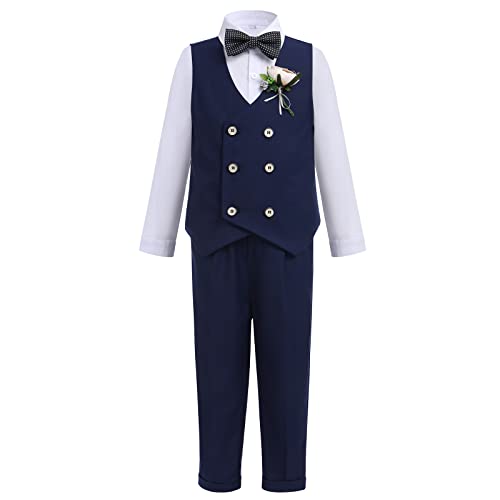 Anzug Kinder Jungen Festlich Hochzeit Kleidung Set Hemd + Weste Sakkos + Fliege + Shorts Hose + Brosche 5tlg Outfit Geburtstag Taufanzug Taufbekleidung Kinderanzüge Marineblau Langarm 3-4 Jahre von Odizli