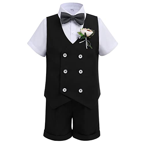 Anzug Kinder Jungen Festlich Hochzeit Kleidung Set Hemd + Weste Sakkos + Fliege + Shorts Hose + Brosche 5tlg Outfit Geburtstag Taufanzug Taufbekleidung Kinderanzüge Schwarz Kurz 4-5 Jahre von Odizli