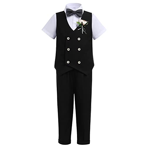 Anzug Kinder Jungen Festlich Hochzeit Kleidung Set Hemd + Weste Sakkos + Fliege + Shorts Hose + Brosche 5tlg Outfit Geburtstag Taufanzug Taufbekleidung Kinderanzüge Schwarz Kurzarm 3-4 Jahre von Odizli