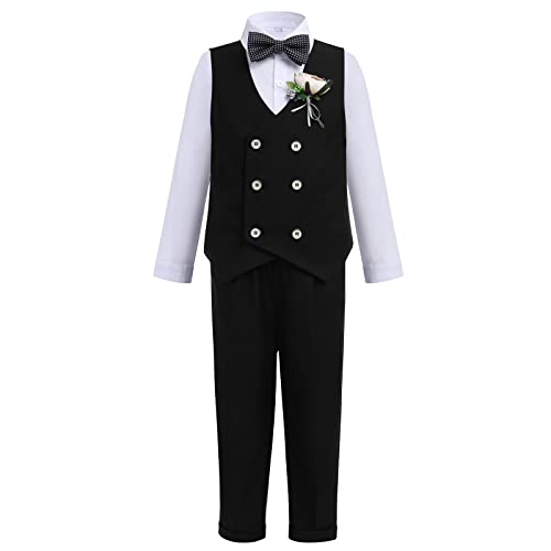 Anzug Kinder Jungen Festlich Hochzeit Kleidung Set Hemd + Weste Sakkos + Fliege + Shorts Hose + Brosche 5tlg Outfit Geburtstag Taufanzug Taufbekleidung Kinderanzüge Schwarz Langarm 7-8 Jahre von Odizli