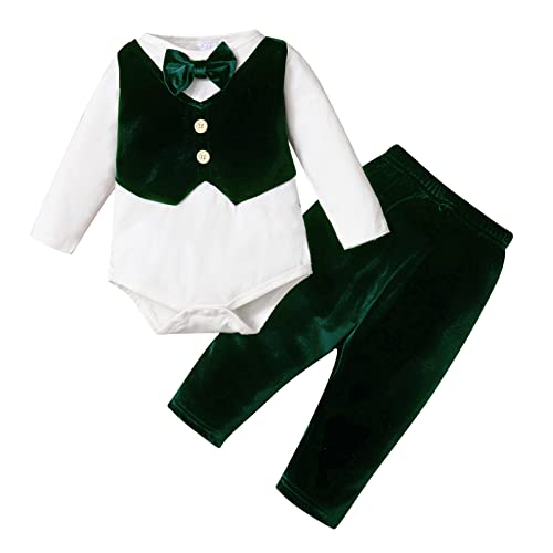 Baby Anzug Junge Hochzeit Festliche Taufe Taufanzug Samt Langarm Strampler+Hose 2tlg Bekleidungssets Taufbekleidung Babykleidung Erstausstattung Neugeborene 1. Geburtstag Outfit Grün 3-6 Monate von Odizli