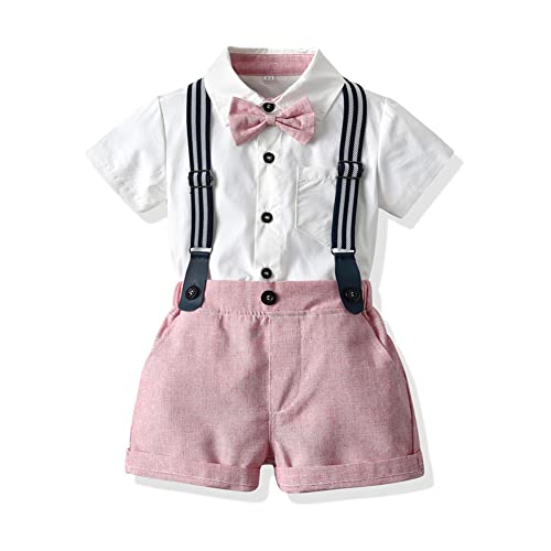 Baby Anzug Junge Hochzeit Kinder Festlich Kleidung Kurzarm Hemd+Fliege+Hosenträger+Shorts 4tlg Sommer Bekleidungssets Taufkleidung Taufanzug 1 geburtstag Outfit Fotoshooting Rosa Kurz 5-6 Jahre von Odizli