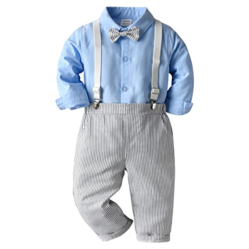 Baby Anzug Junge Neugeborenen kinder kleidung Langarm Hemd+Hosenträger+Fliege+Hosen 4tlg Bekleidungssets Gentleman Hochzeit Festliche Taufe Geburtstag Set Fotoshooting Blau Streifen 18-24 Monate von Odizli