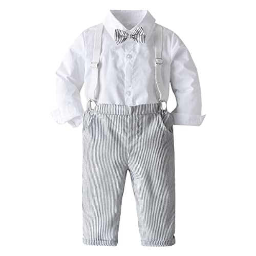 Baby Anzug Junge Neugeborenen kinder kleidung Langarm Hemd+Hosenträger+Fliege+Hosen 4tlg Bekleidungssets Gentleman Hochzeit Festliche Taufe Geburtstag Set Fotoshooting Weiß Streifen 12-18 Monate von Odizli