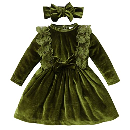 Baby Kleid Mädchen Langarm Spitze A Line Prinzessin Weihnachtskleid Hochzeit Festlich Einschulung Samtkleid + Stirnband Babykleidung 1 Geburtstag Taufkleid Herbst Winter Kleidung Grün 2-3 Jahre von Odizli