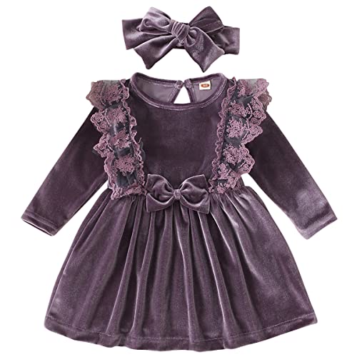 Baby Kleid Mädchen Langarm Spitze A Line Prinzessin Weihnachtskleid Hochzeit Festlich Einschulung Samtkleid + Stirnband Babykleidung 1 Geburtstag Taufkleid Herbst Winter Kleidung Lila 18-24 Monate von Odizli