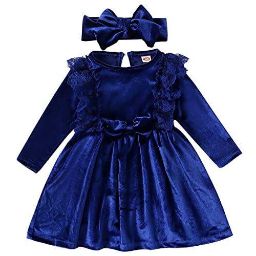 Baby Kleid Mädchen Langarm Spitze A Line Prinzessin Weihnachtskleid Hochzeit Festlich Einschulung Samtkleid + Stirnband Babykleidung Erster 1 Geburtstag Herbst Winter Kleidung Königsblau 12-18 Monate von Odizli