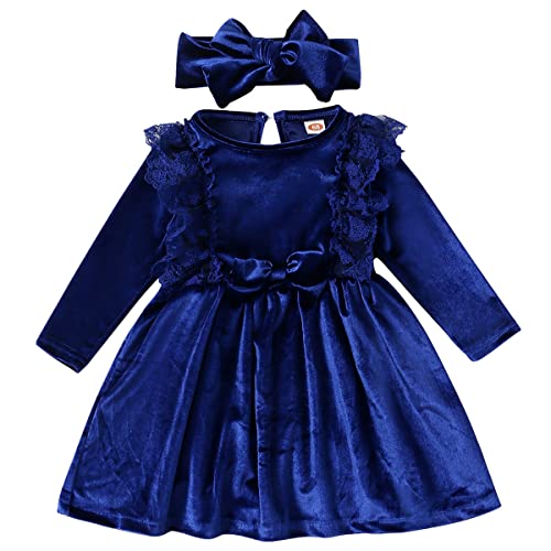 Baby Kleid Mädchen Langarm Spitze A Line Prinzessin Weihnachtskleid Hochzeit Festlich Einschulung Samtkleid + Stirnband Babykleidung Erster 1 Geburtstag Herbst Winter Kleidung Königsblau 18-24 Monate von Odizli
