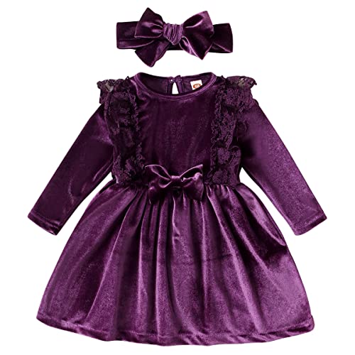 Baby Kleid Mädchen Langarm Spitze A Line Prinzessin Weihnachtskleid Hochzeit Festlich Einschulung Samtkleid + Stirnband Babykleidung Erster 1 Geburtstag Herbst Winter Kleidung Tiefviolett 2-3 Jahre von Odizli