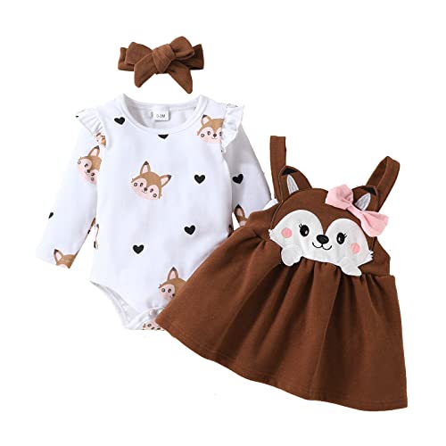 Baby Kleidung Mädchen Baumwolle Langarm Strampler+Träger Tutu Kleid+Stirnband 3tlg Bekleidungssets Neugeborene Erstausstattung Babysachen Set Herbst Winter Babykleidung Braun Fuchs 12-18 Monate von Odizli