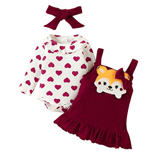 Baby Kleidung Mädchen Baumwolle Langarm Strampler+Träger Tutu Kleid+Stirnband 3tlg Bekleidungssets Neugeborene Erstausstattung Babysachen Set Herbst Winter Babykleidung Burgund Fuchs 3-6 Monate von Odizli