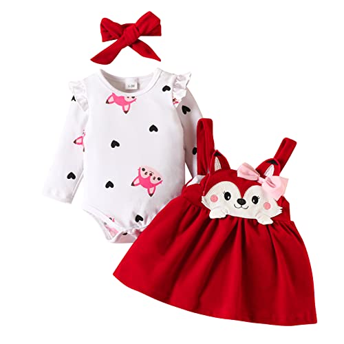 Baby Kleidung Mädchen Baumwolle Langarm Strampler+Träger Tutu Kleid+Stirnband 3tlg Bekleidungssets Neugeborene Erstausstattung Babysachen Set Herbst Winter Babykleidung Rot Fuchs 12-18 Monate von Odizli