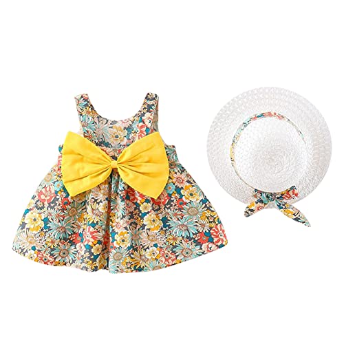 Baby Mädchen Kleidung Kleinkind Schöne Sommer Ärmellos Blumen Schleife Prinzessin Tütü Kleid A Linien Schaukel Sommerkleid+Stroh Hut 1. Geburtstag Babykleidung Festliches Taufkleid 2#Gelb 12-18 Monate von Odizli