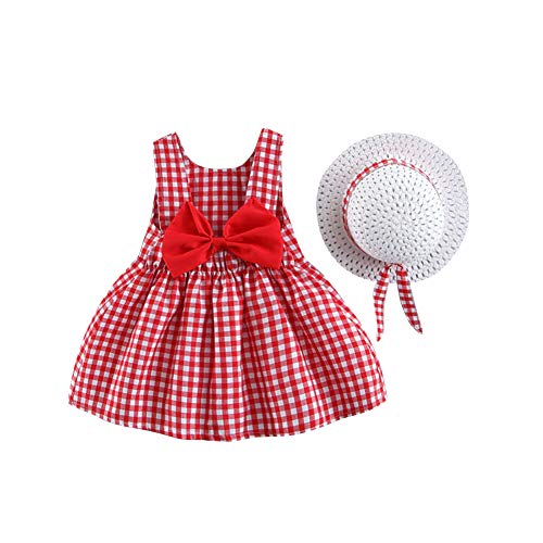 Baby Mädchen Kleidung Kleinkind Schöne Sommer Ärmellos Schleife Prinzessin Tütü Kleid A Linien Schaukel Sommerkleid+Stroh Hut 1. Geburtstag Babykleidung Festliches Taufkleid 10#Rot Plaid 12-18 Monate von Odizli