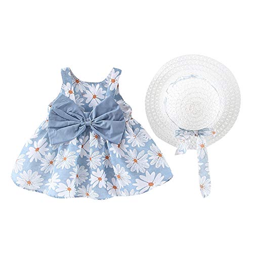 Baby Mädchen Kleidung Kleinkind Schöne Sommer Ärmellos Schleife Prinzessin Tütü Kleid A Linien Schaukel Sommerkleid+Stroh Hut 1. Geburtstag Babykleidung Festliches Taufkleid 6#Blau Blume 12-18 Monate von Odizli