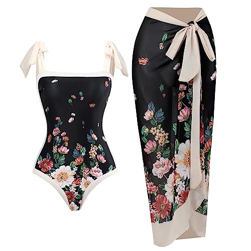 Badeanzug Damen Bauchweg V Ausschnitt Blume Druck Monokini Tankini Swimsuit Bademode + Wickelrock Pareo Sarong Tuch Zweiteiler Badekleid Schwimmanzug Sommer Strandkleid Strandmode Aprikose Schwarz XL von Odizli