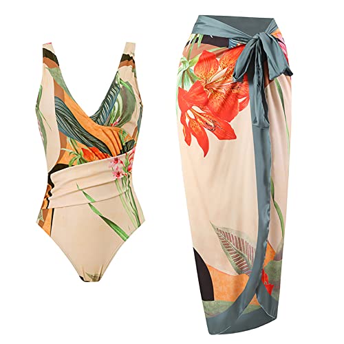 Odizli Badeanzug Damen Bauchweg V Ausschnitt Blume Druck Monokini Tankini Swimsuit Bademode + Wickelrock Pareo Sarong Tuch Zweiteiler Badekleid Schwimmanzug Sommer Strandkleid Strandmode Beige XL von Odizli