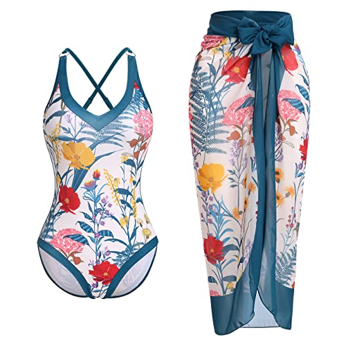 Badeanzug Damen Bauchweg Sexy V Ausschnitt Blume Druck Monokini Tankini Swimsuit Bademode + Wickelrock Pareo Sarong Tuch Zweiteiler Badekleid Schwimmanzug Sommer Strandkleid Strandmode Blau-10 L von Odizli