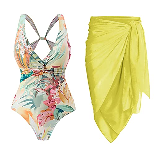 Badeanzug Damen Bauchweg Sexy V Ausschnitt Blume Druck Monokini Tankini Swimsuit Bademode + Wickelrock Pareo Sarong Tuch Zweiteiler Badekleid Schwimmanzug Sommer Strandkleid Strandmode Gelb-17 L von Odizli