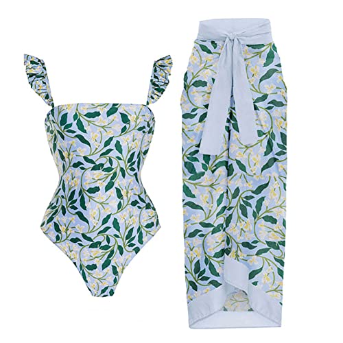 Badeanzug Damen Bauchweg Sexy V Ausschnitt Blume Druck Monokini Tankini Swimsuit Bademode + Wickelrock Pareo Sarong Tuch Zweiteiler Badekleid Schwimmanzug Sommer Strandkleid Strandmode Grün-16 M von Odizli