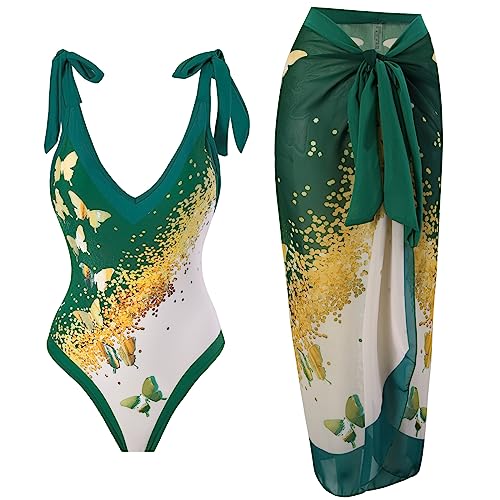 Odizli Badeanzug Damen Bauchweg V Ausschnitt Blume Druck Monokini Tankini Swimsuit Bademode + Wickelrock Pareo Sarong Tuch Zweiteiler Badekleid Schwimmanzug Sommer Strandkleid Strandmode Grün XL von Odizli