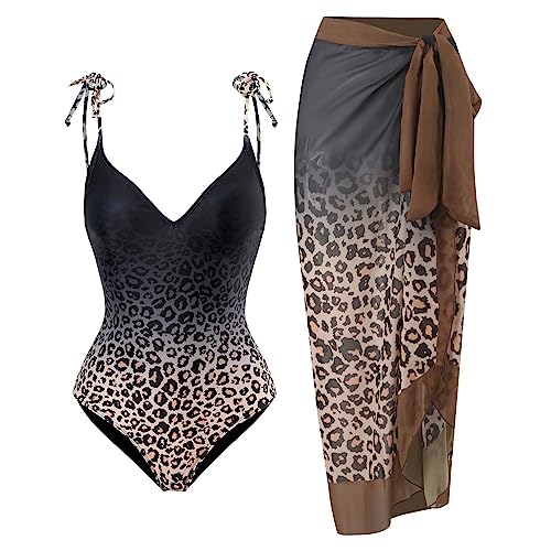 Badeanzug Damen Bauchweg Sexy V Ausschnitt Blume Druck Monokini Tankini Swimsuit Bademode + Wickelrock Pareo Sarong Tuch Zweiteiler Badekleid Schwimmanzug Sommer Strandkleid Strandmode Leoparden-15 XL von Odizli