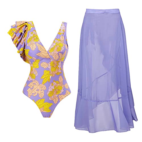 Badeanzug Damen Bauchweg Sexy V Ausschnitt Blume Druck Monokini Tankini Swimsuit Bademode + Wickelrock Pareo Sarong Tuch Zweiteiler Badekleid Schwimmanzug Sommer Strandkleid Strandmode Lila-7 S von Odizli