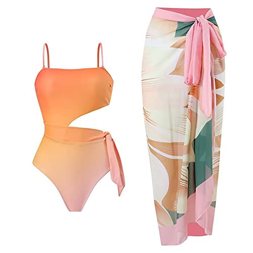 Badeanzug Damen Bauchweg V Ausschnitt Blume Druck Monokini Tankini Swimsuit Bademode + Wickelrock Pareo Sarong Tuch Zweiteiler Badekleid Schwimmanzug Sommer Strandkleid Strandmode Orange L von Odizli